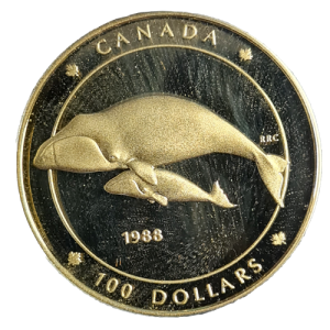1/4 oz Gold Coin $100 Proof Canadian Bowhead Whale 1988 